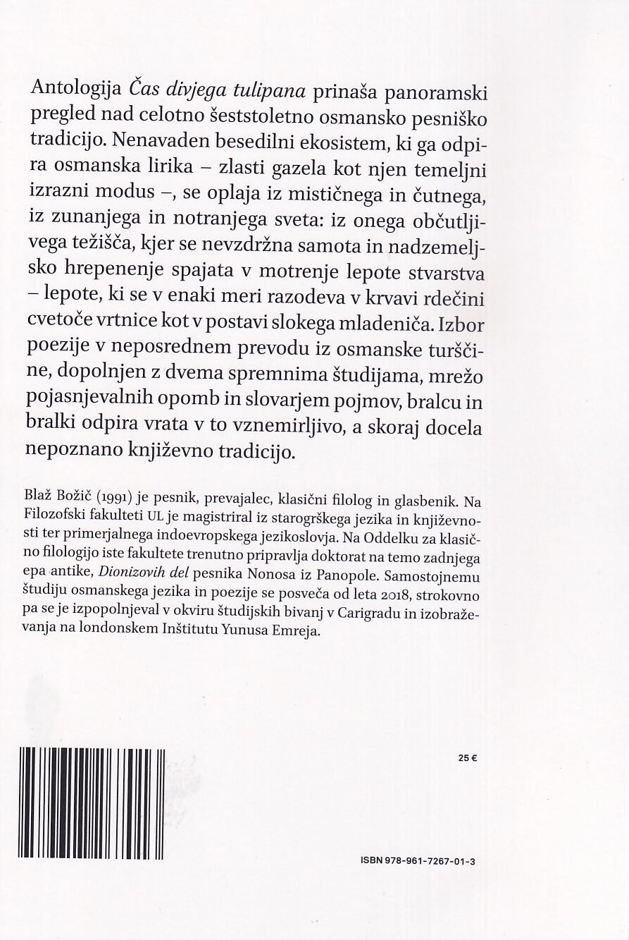 Zadnja stran knjige Čas divjega tulipana: antologija osmanske lirike