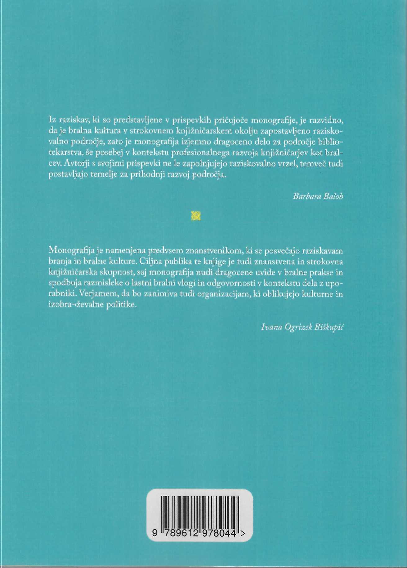 zadnja stran knjige Bralna kultura v knjižničnem prostoru. znanstvena monografija o branju in knjižnicah