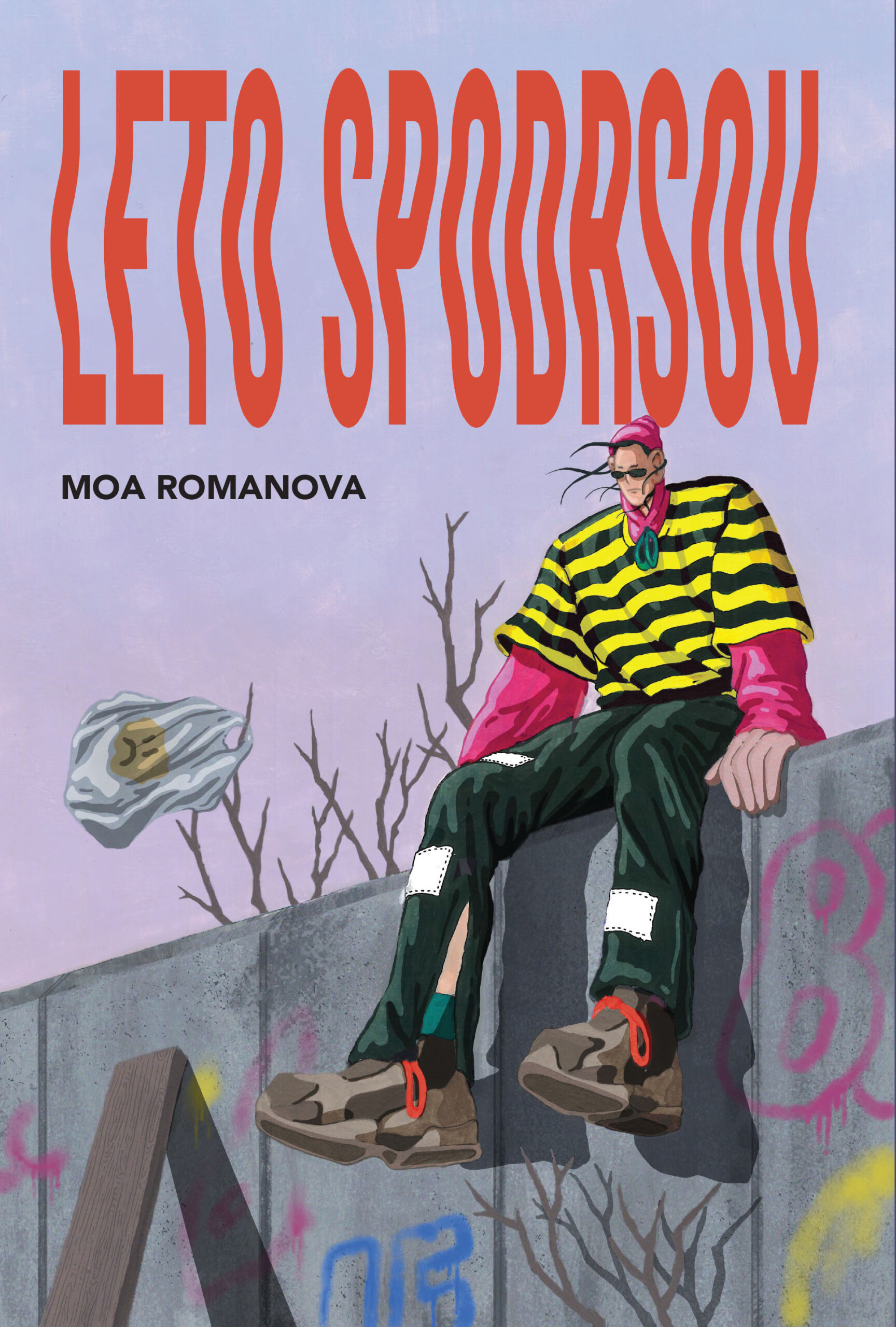 Naslovnica knjige Leto spodrsov Moe Romanove. avtobiografski grafični roman o tesnobi in odnosih