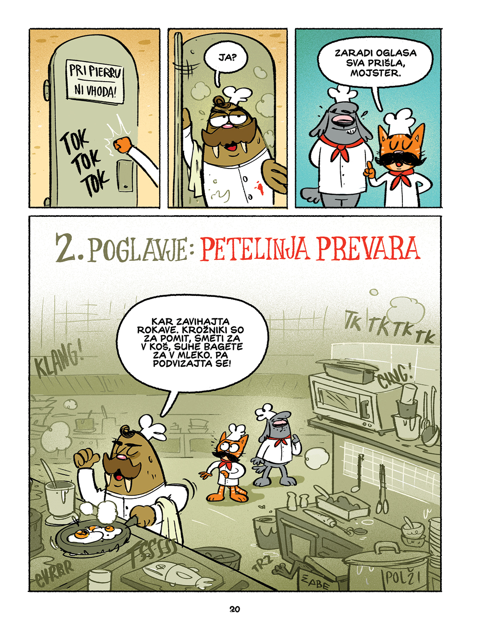 Stran iz stripa Mojmir in Krištof - Primer izginule kuharice. Detektivski strip za otroke.