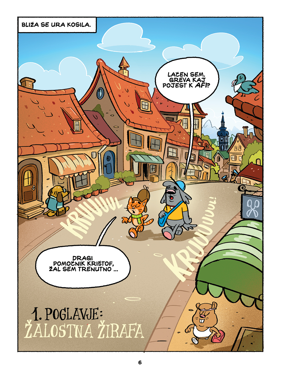 Stran iz stripa Mojmir in Krištof - Primer izginule kuharice. Detektivski strip za otroke.