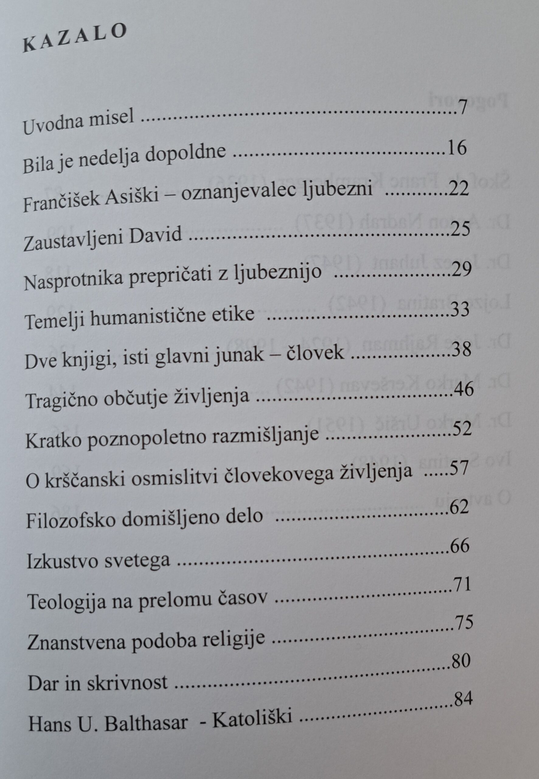 Kazalo knjige Rešujmo človeka. zbirka esejev Franca Horvata
