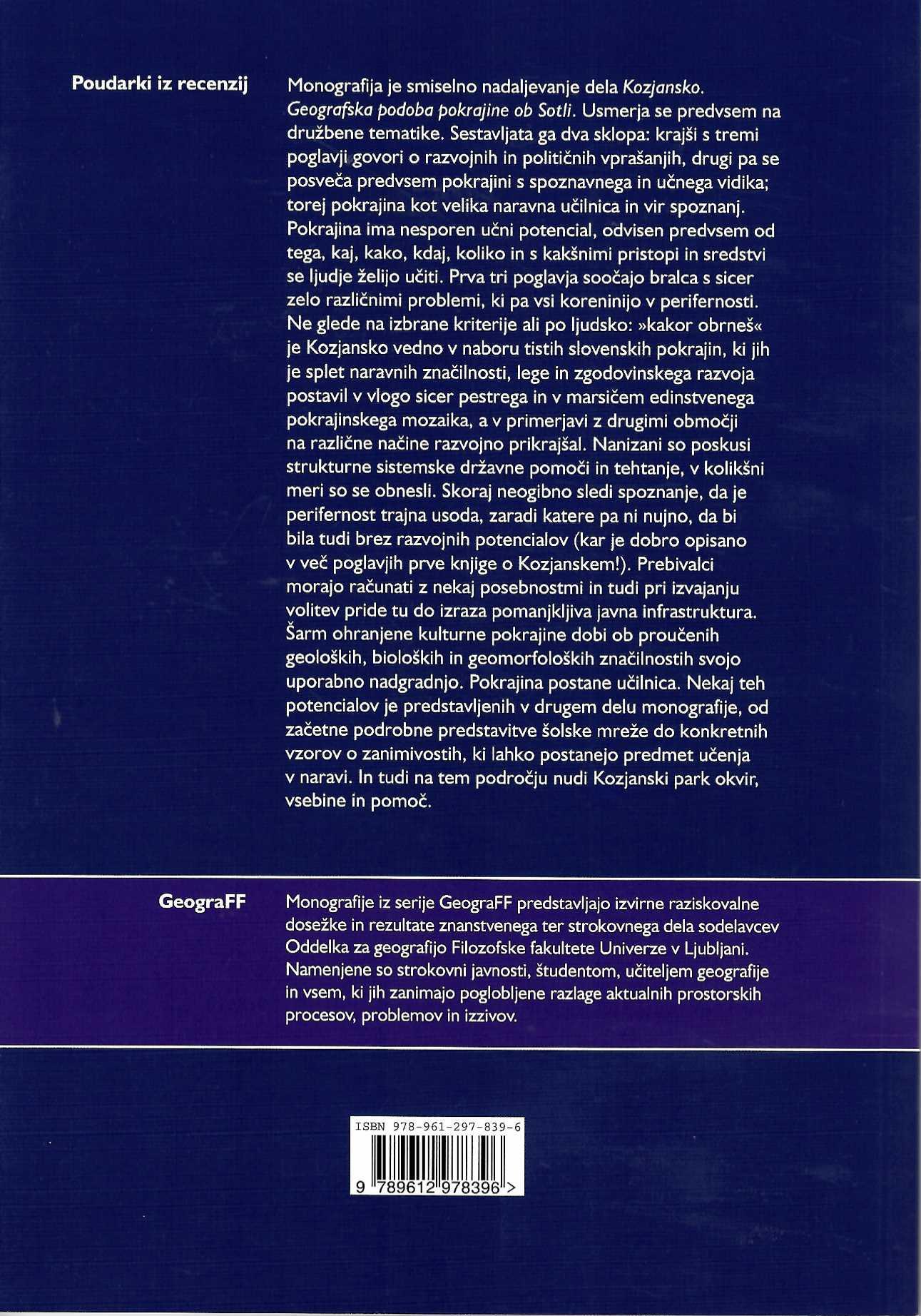 zadnja stran monografije Kozjansko – 2. del: Pokrajina, človek in družba. strokovna monografija o družbeni geografiji Kozjanskega