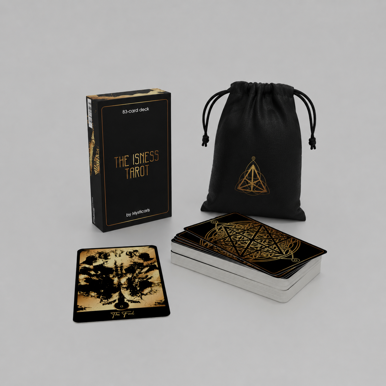 The Isness Tarot – Black & Gold Edition, komplet 83 umetniških tarot kart Amadee H. Ris.