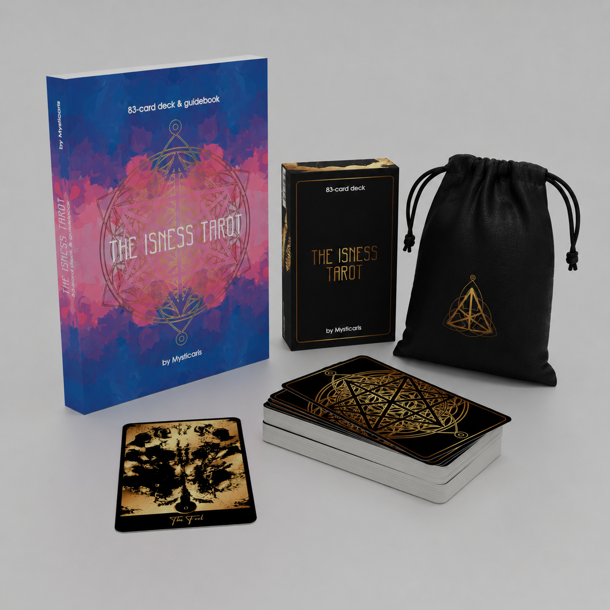 The Isness Tarot – Black & Gold Edition, komplet tarot kart in vodnika Amadee H. Ris.