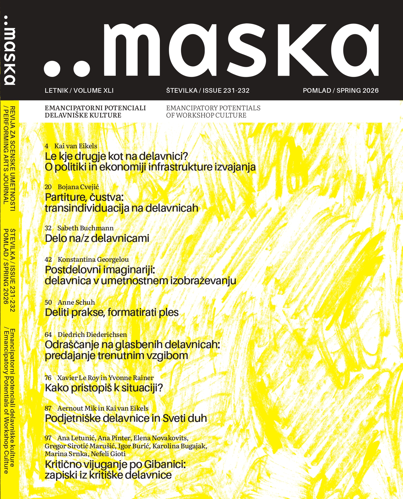Naslovnica revije Maska 231–232, pomlad 2026, s tematskim sklopom Emancipatorni potenciali delavniške kulture.