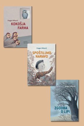 Naslovnice slikanic Kokošja farma, Zgodba o lipi in Spoštujmo naravo Daše Simčič in Dragana Milkoviča. V kompletu treh po ceni ene!